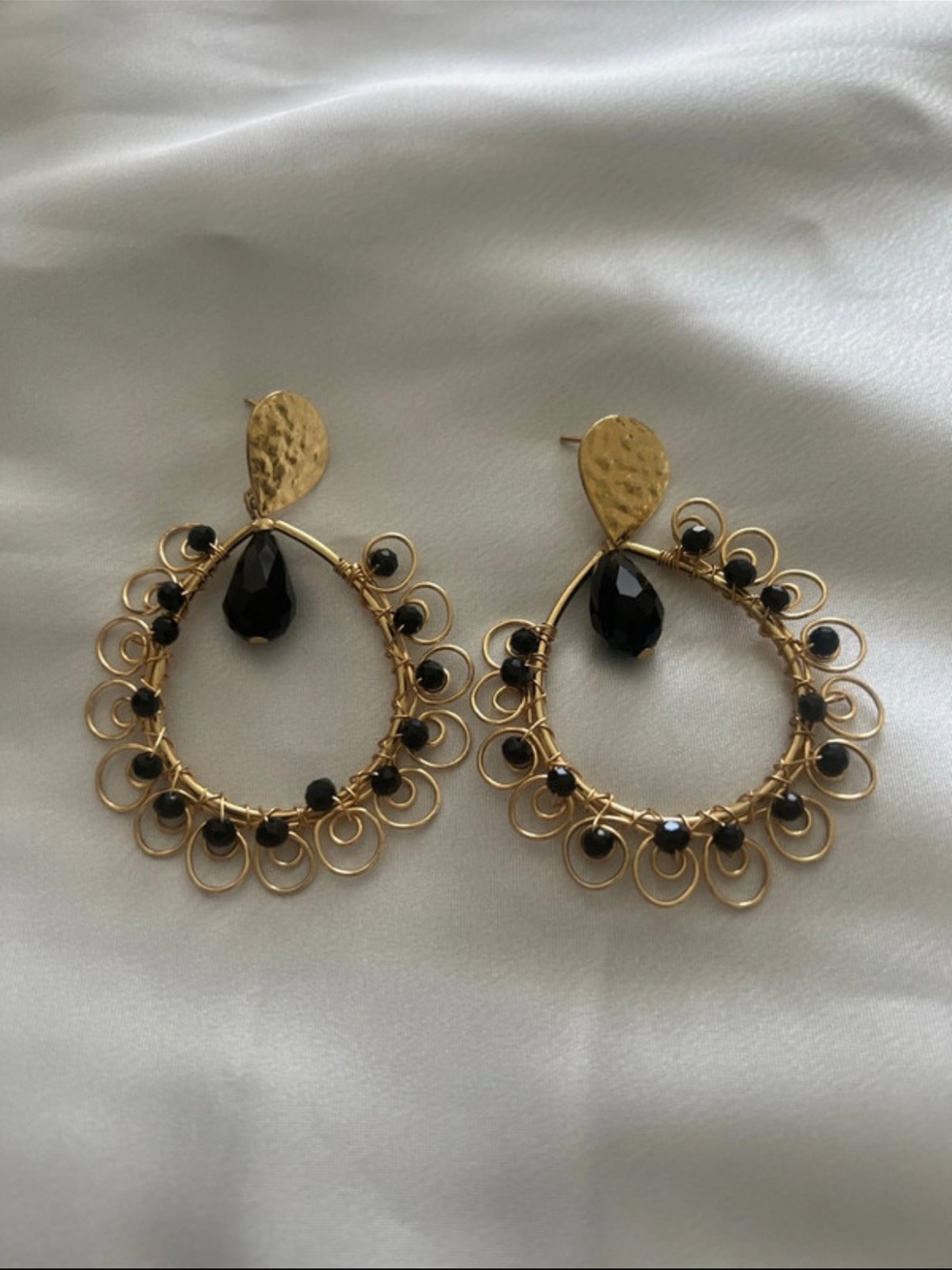 Gold Hoop Drop Earrings with Black Beads